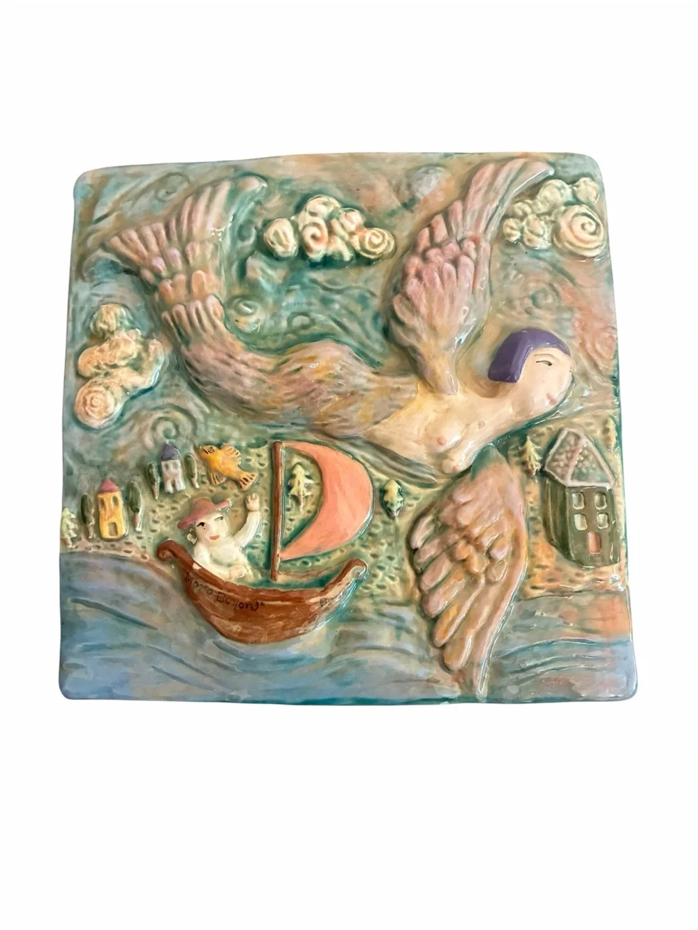 Eisenhardt Studio Pottery Winged Mermaid Relief Ceramic Wall Art Tile Signed
